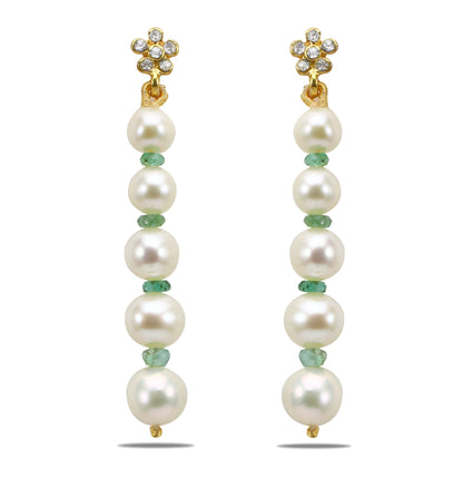 Natural Emerald And Freshwater Near Round Grading Pearl Dangling Earrings