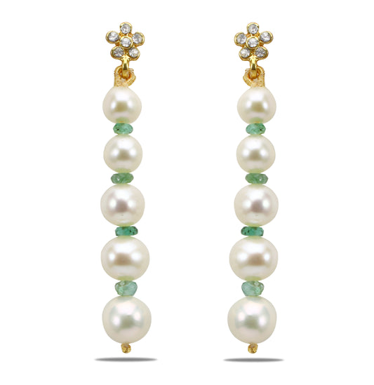 Natural Emerald And Freshwater Near Round Grading Pearl Dangling Earrings