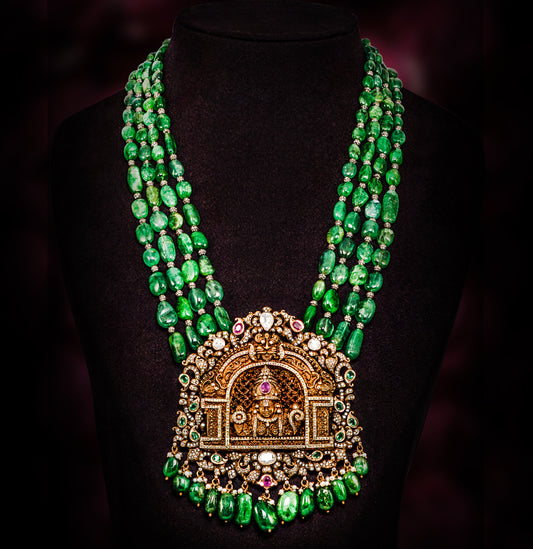 Fine Gold Nakshi Locket With Polki And Emerald Beads Mala