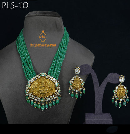 Traditional Laxmi Goddess and Diamond Emerald Necklace Set