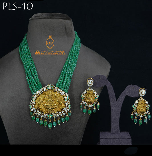 Traditional Laxmi Goddess and Diamond Emerald Necklace Set