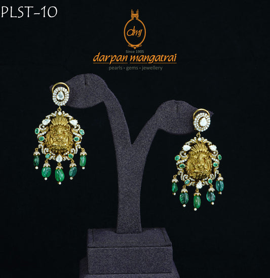 Traditional Laxmi Goddess and Diamond Emerald Necklace Set