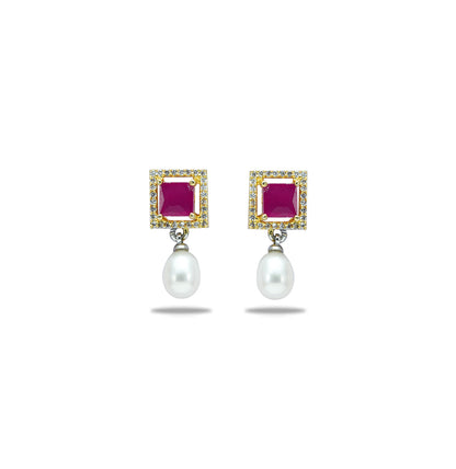 Opaque Red Stone Drop Pearl Stud Earrings