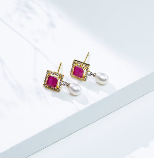 Opaque Red Stone Drop Pearl Stud Earrings
