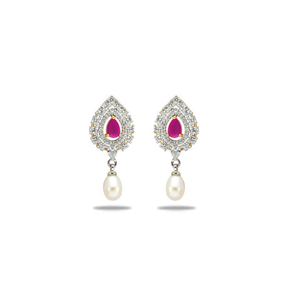 Gifted Red Stone Pearl Stud Earrings