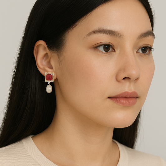 Opaque Red Stone Drop Pearl Stud Earrings