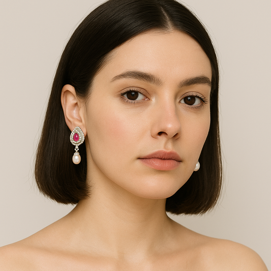 Gifted Red Stone Pearl Stud Earrings