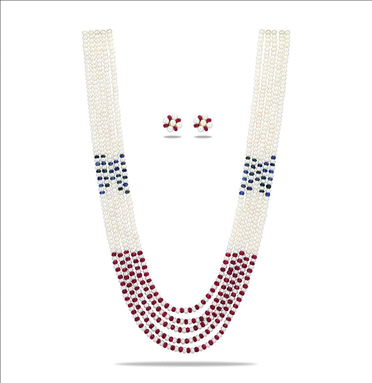Natural Mix Ruby & Sapphire 3.0-4.0mm Button Freshwater Pearl Necklace Set - AAA Quality