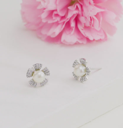 Classic White Stone Pearl Stud Earrings