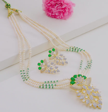 Natural Emerald With Button Freshwater Pearl Necklace Set