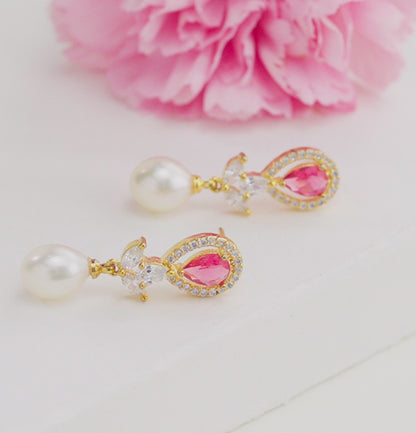 Classy Pink Stone Drop Pearl Earrings
