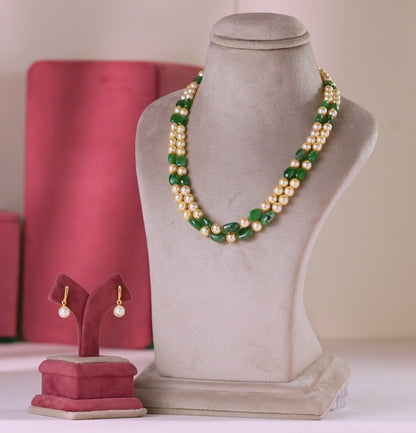 Natural Emerald Beads and 7.0-8.0mm Golden Saltwater Akoya Pearls Necklace Set - A Quality