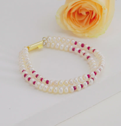 Natural Ruby White Button Pearl Bracelet