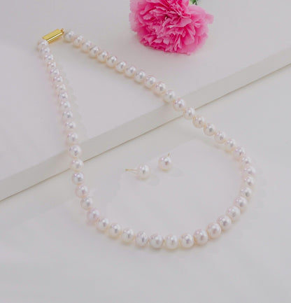 9.0-10.0mm White Round Freshwater Pearl Necklace Set - AAA Quality