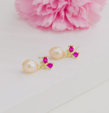 Adorn Red Stone Pearl Stud Earrings