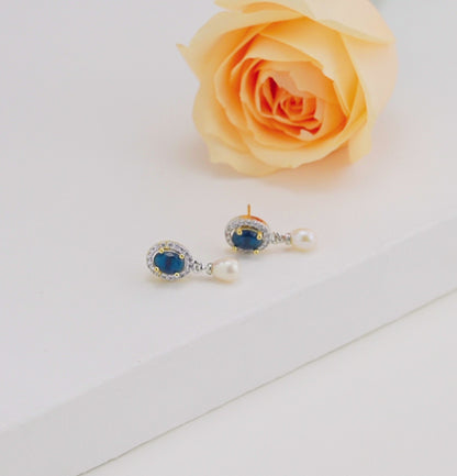 Glossy Blue Stone Drop Hanging Pearl Studs Earrings
