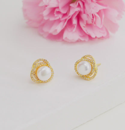Perfection White Stone Pearl Stud Earrings
