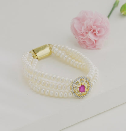 Opulent Red Stone White Freshwater Pearl Bracelet