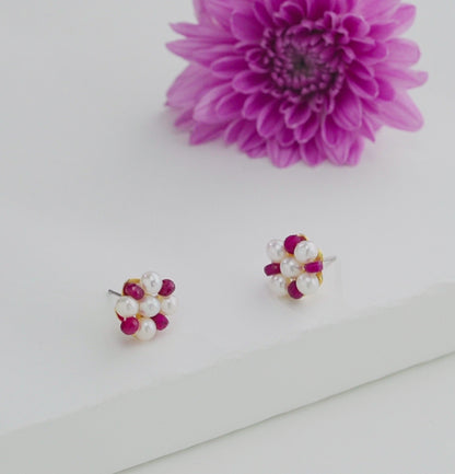 Natural Ruby Near Round Pearl Stud Earrings