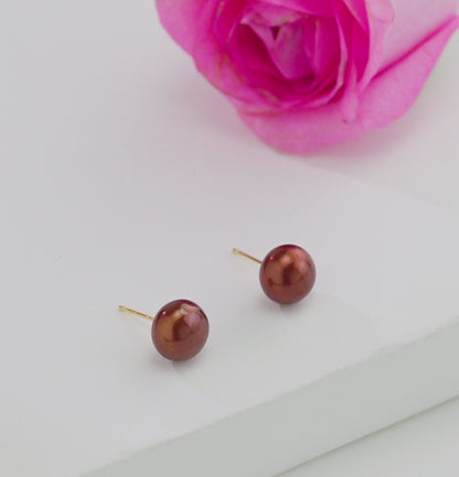 Bronze Button Pearl Stud Earrings