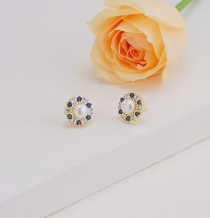 Exquisite Blue Stone Pearl Studs Earrings
