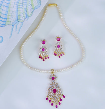 Cherished Red Stone Pearl Necklace Set