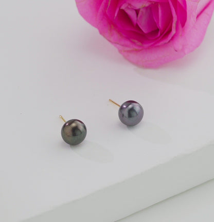 Dark Blue Button Pearl Stud Earrings