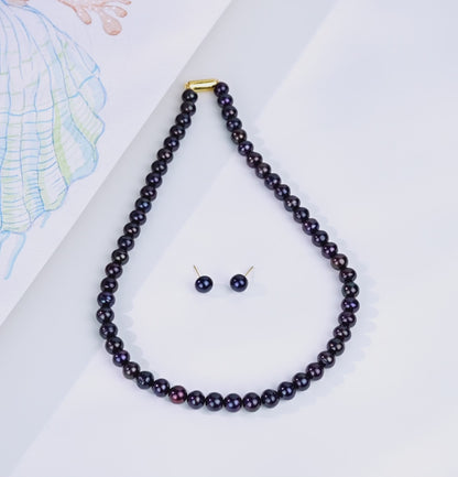 8.0-9.0mm Near Round Black Freshwater Pearl Necklace Set - AA Quality