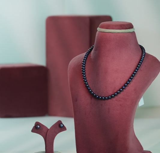 6.0-7.0mm Round Black Freshwater Pearl Necklace Set - A Quality