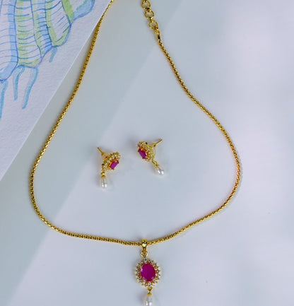 Luminous Red Color Stone Freshwater Pearl Necklace Set