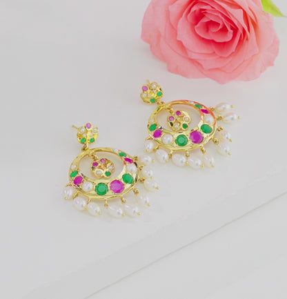 Dramatic Red Green Multicolor Drop Pearl Chand Bali
