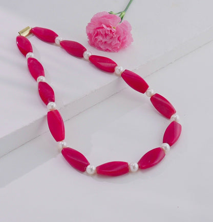 Semi Precious Red Beads & White Freshwater Pearl Necklace