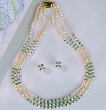 Natural Emerald And 5.0-6.0mm Button Freshwater Pearl Necklace Set - AA Quality