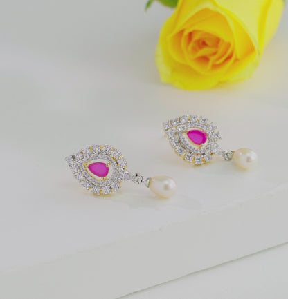 Gifted Red Stone Pearl Stud Earrings