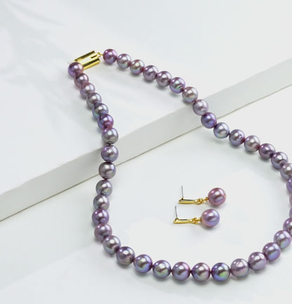 9.0-10.0mm Near Round Lavender Freshwater Pearl Necklace Set - AA Quality