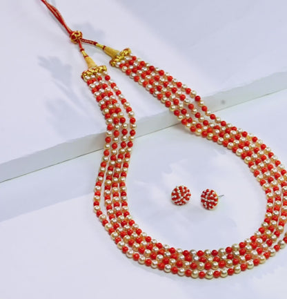 Natural Coral And 5.0-6.0mm Golden Saltwater Akoya Pearls Necklace Set-AAA Quality