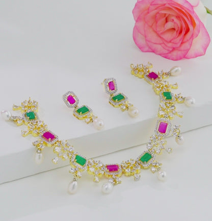 Feminine Drop Red Green Multicolor Freshwater Pearls Choker Set