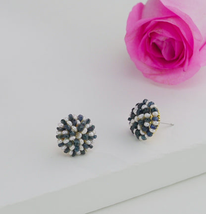 Blue Sapphire Seed Pearl Stud Earrings