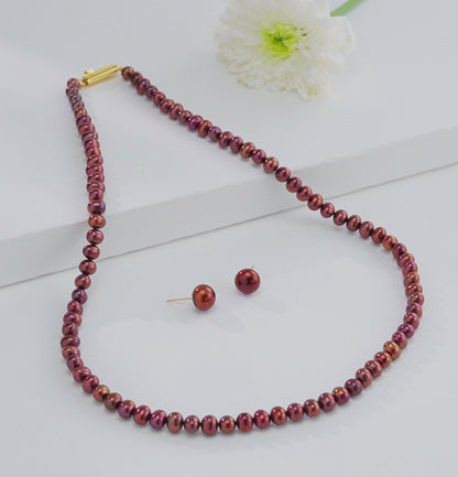 5.0-6.0mm Bronze Near Round Pearl Necklace Set - A Quality
