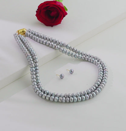 6.0-7.0mm Grey Button Freshwater Pearl Necklace Set - A Quality