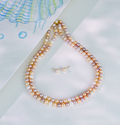 7.0-8.0mm Multicolor Round Freshwater Pearl Necklace Set - AAA Quality