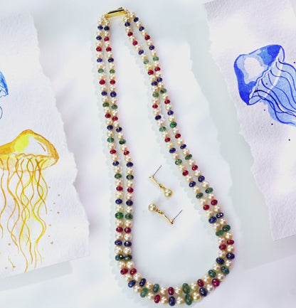 Natural Ruby & Emerald & Sapphire Beads and 6.0-7.0mm Golden Saltwater Akoya Pearls Necklace Set - A Quality