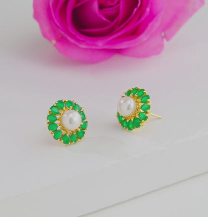 Precious Green Pearl Stud Earrings
