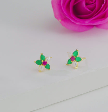 Intriguing Red Green Pearl Stud Earrings