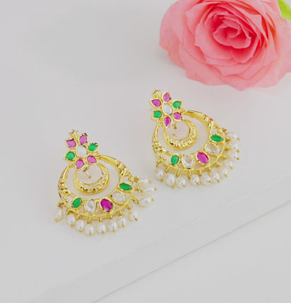 Designer Red Green Multicolor Chand Bali With Pearl Drop