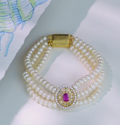 Opulent Red Stone Pearl Bracelet
