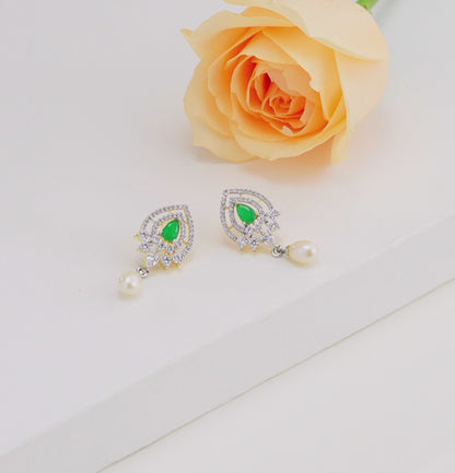 Brilliant Green Stone Pearl Drop Hanging Studs Earrings