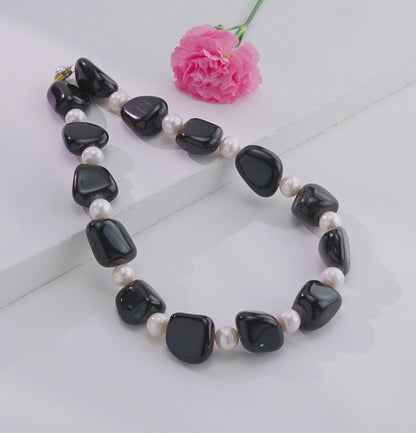 Black Onyx Semi Precious Beads & White Freshwater Pearl Necklace