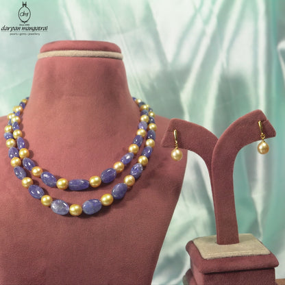 Natural Tanzanite Beads and 8.0-9.0mm Golden South Sea Pearls Necklace Set - A Quality