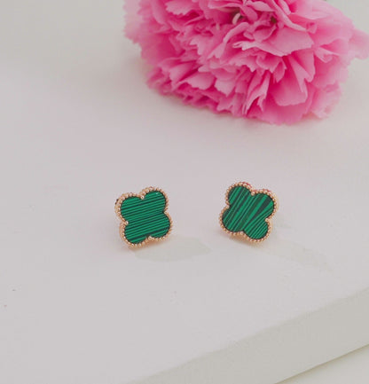 Regal Green Stone 18K Rose Gold Stud Earrings